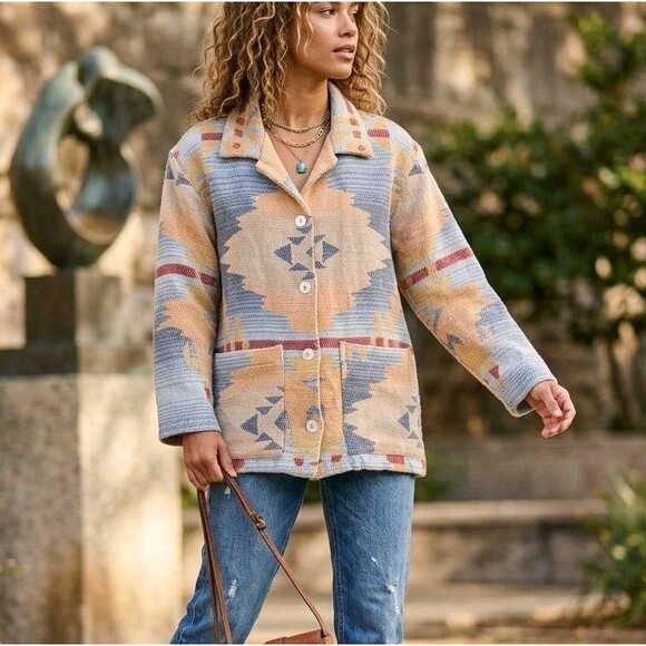 Tribal Jackets & Blazers - Vtg The Last Best Place Tapestry Jacket XS Cotton Southwestern Aztec Boho Tribal